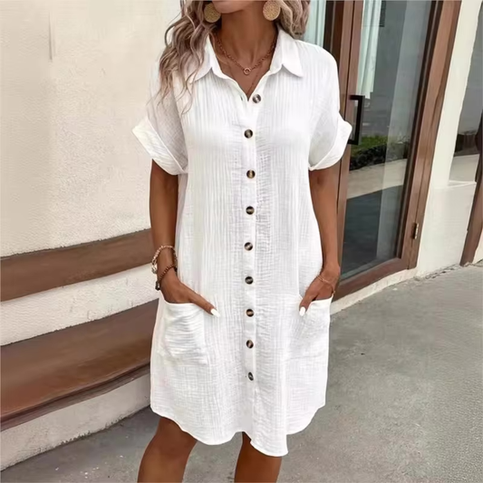 Summer Button Down Linen Short Sleeve Shirt Dress With Pockets