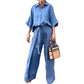 Solid Color Lapel Top Drawstring Pants 2-Piece Set